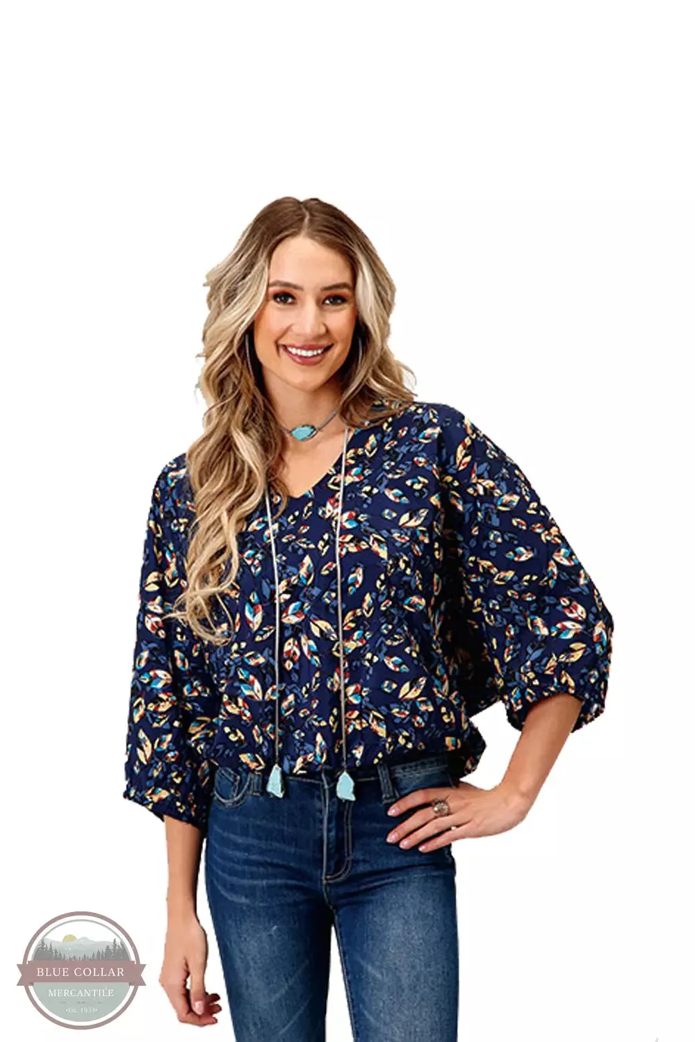 03-050-0590-7081 BU V-Neck Raglan Quarter Sleeve Blouse