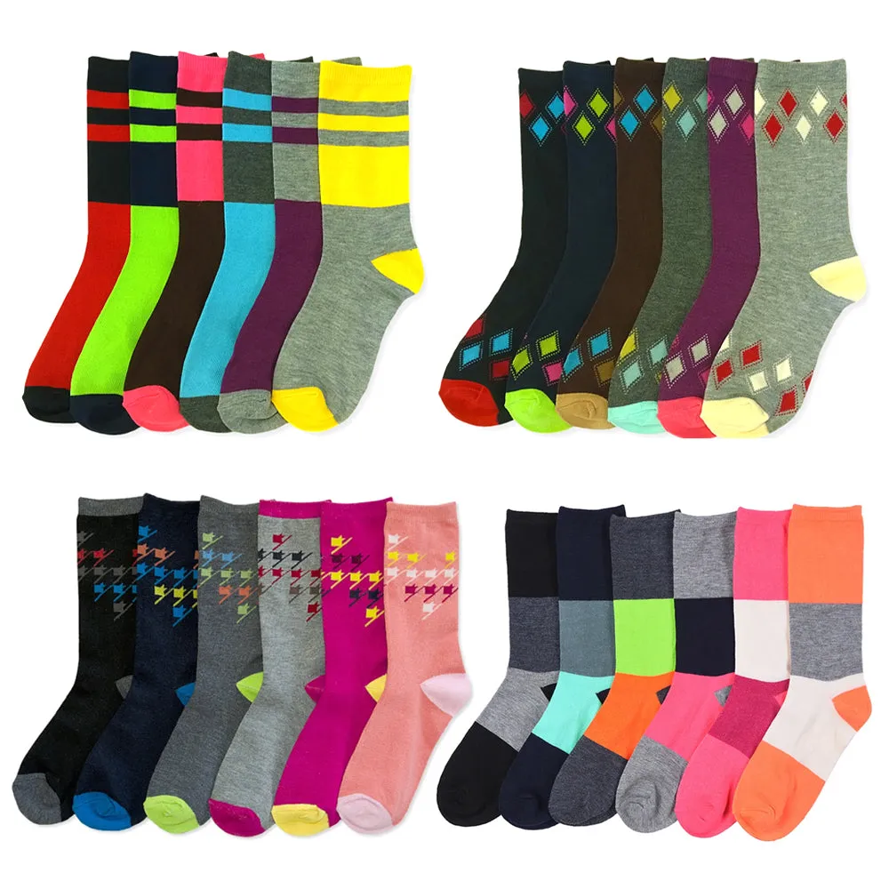 12 Pairs Womens Fashion Crew Socks Pattern Stripes Hearts Casual 9-11 Unisex New