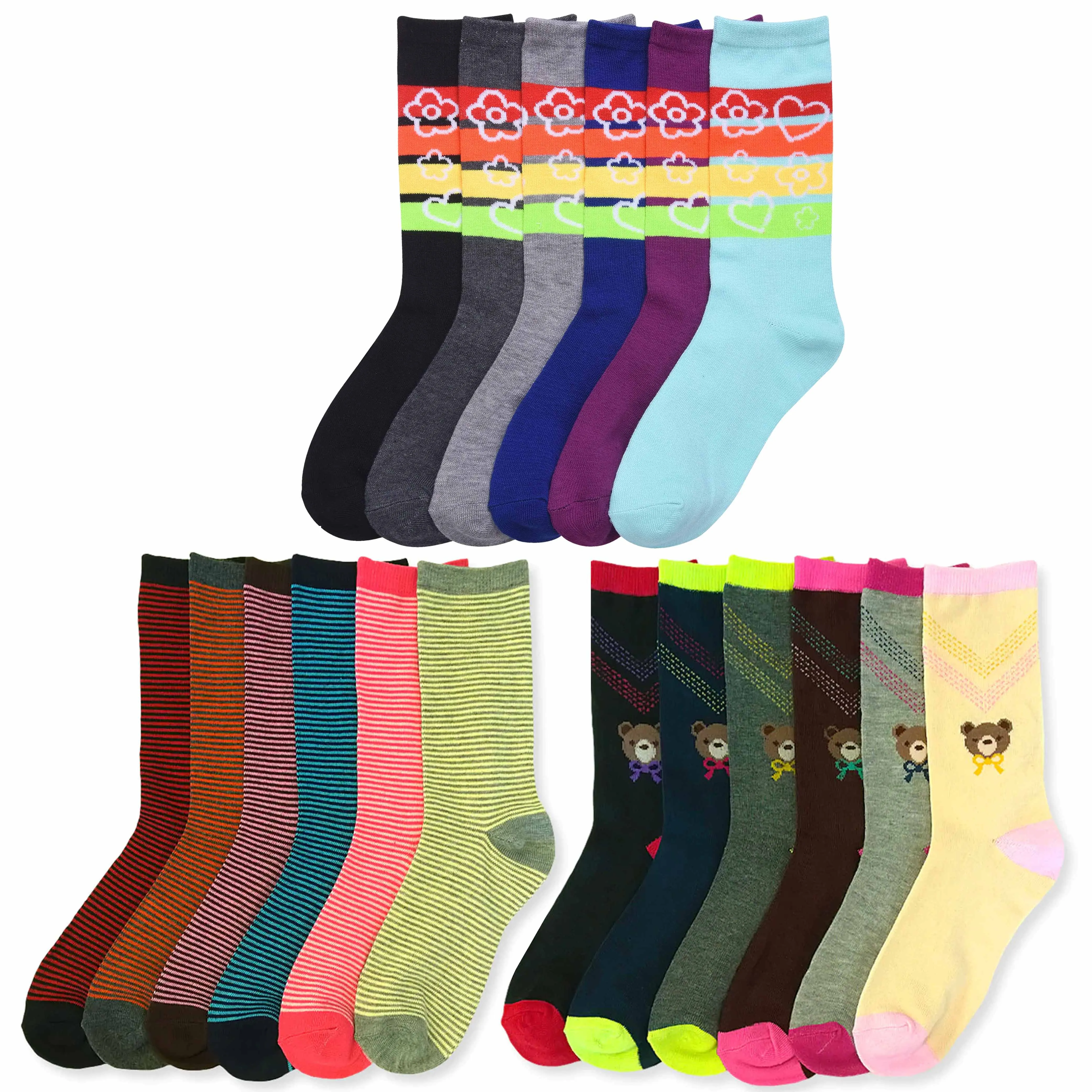 12 Pairs Womens Fashion Crew Socks Pattern Stripes Hearts Casual 9-11 Unisex New