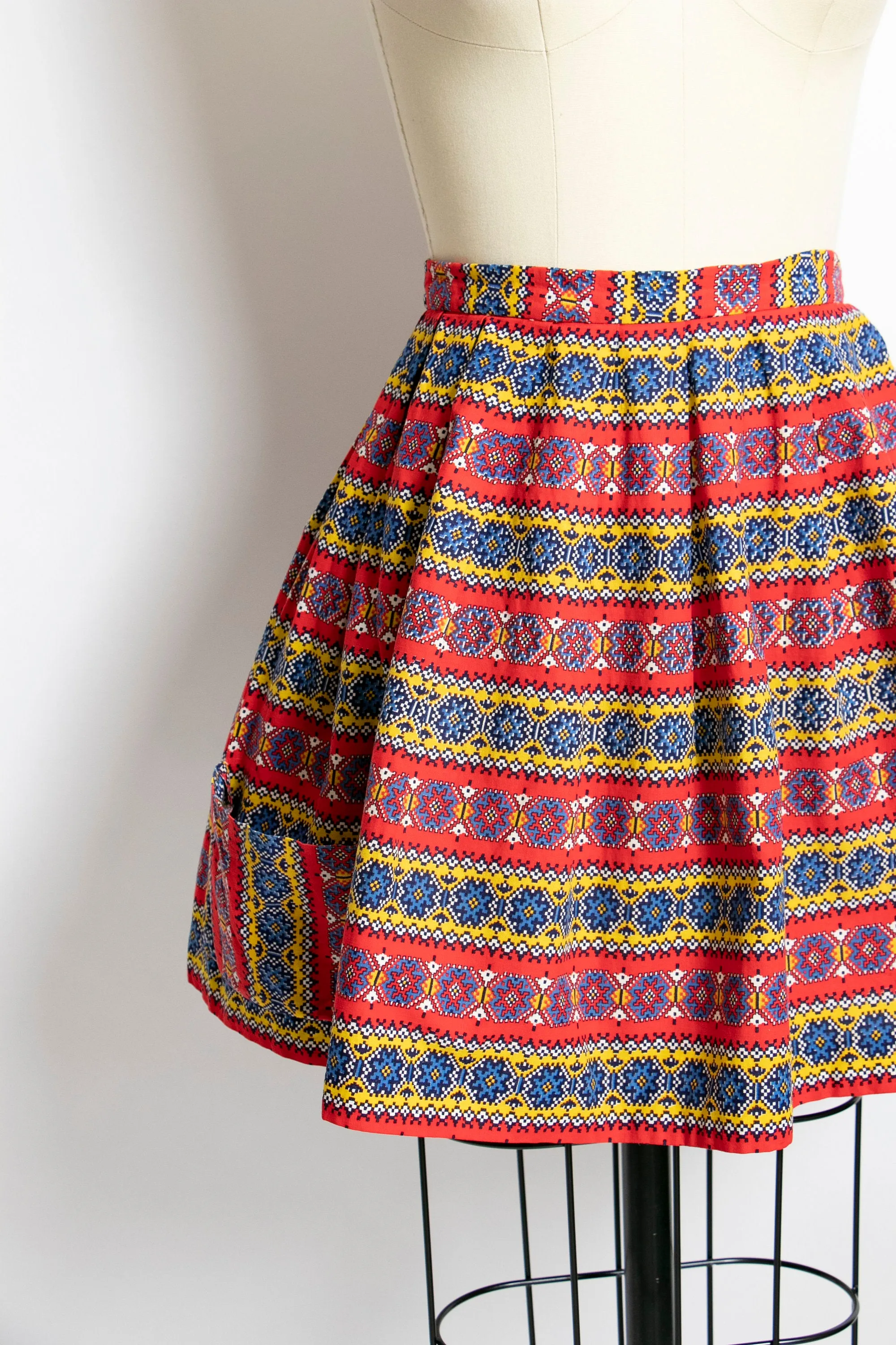1940s Full Skirt Mini Cotton Pockets Printed Small