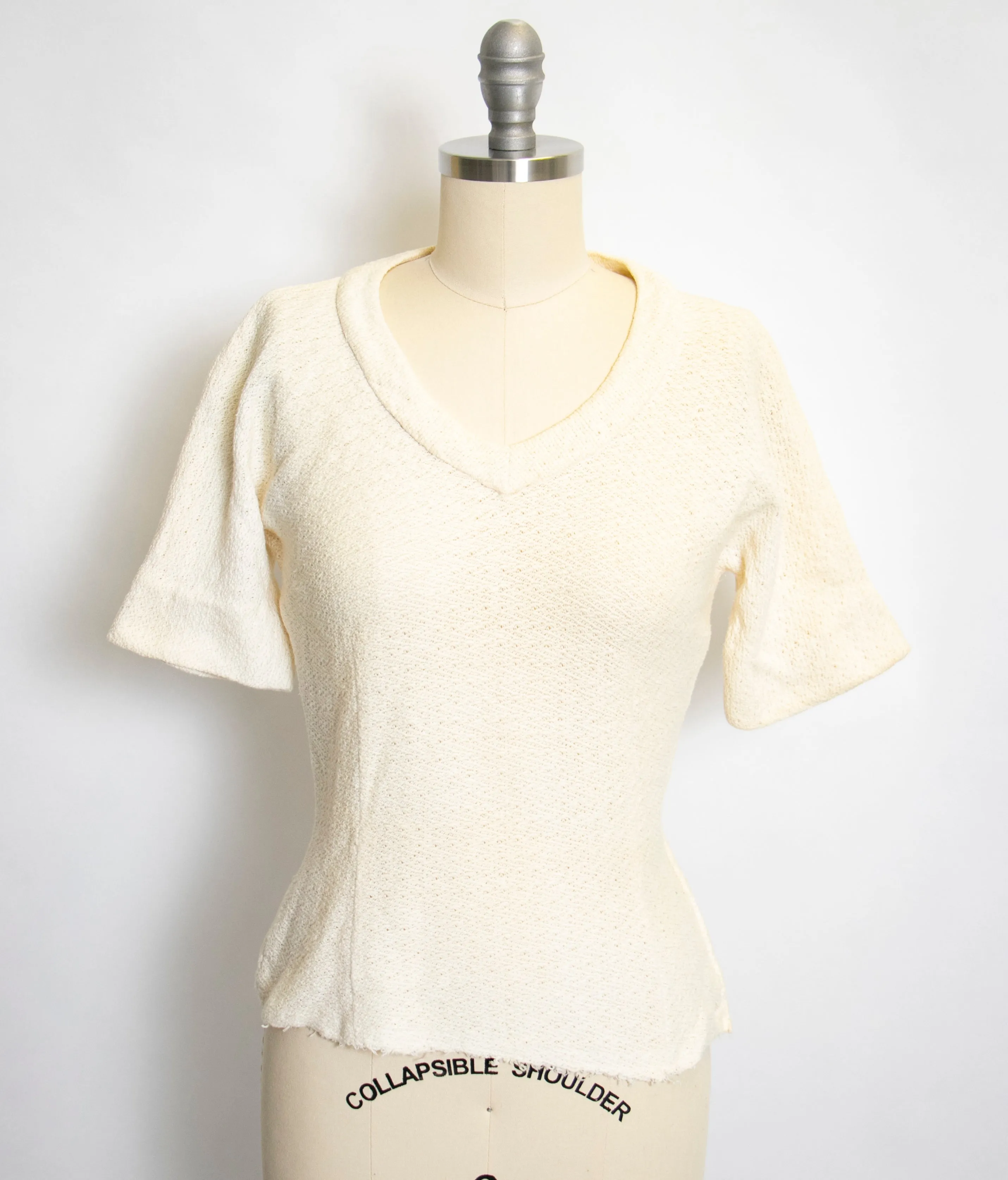 1950s Knit Top Cream Fitted Blouse Small