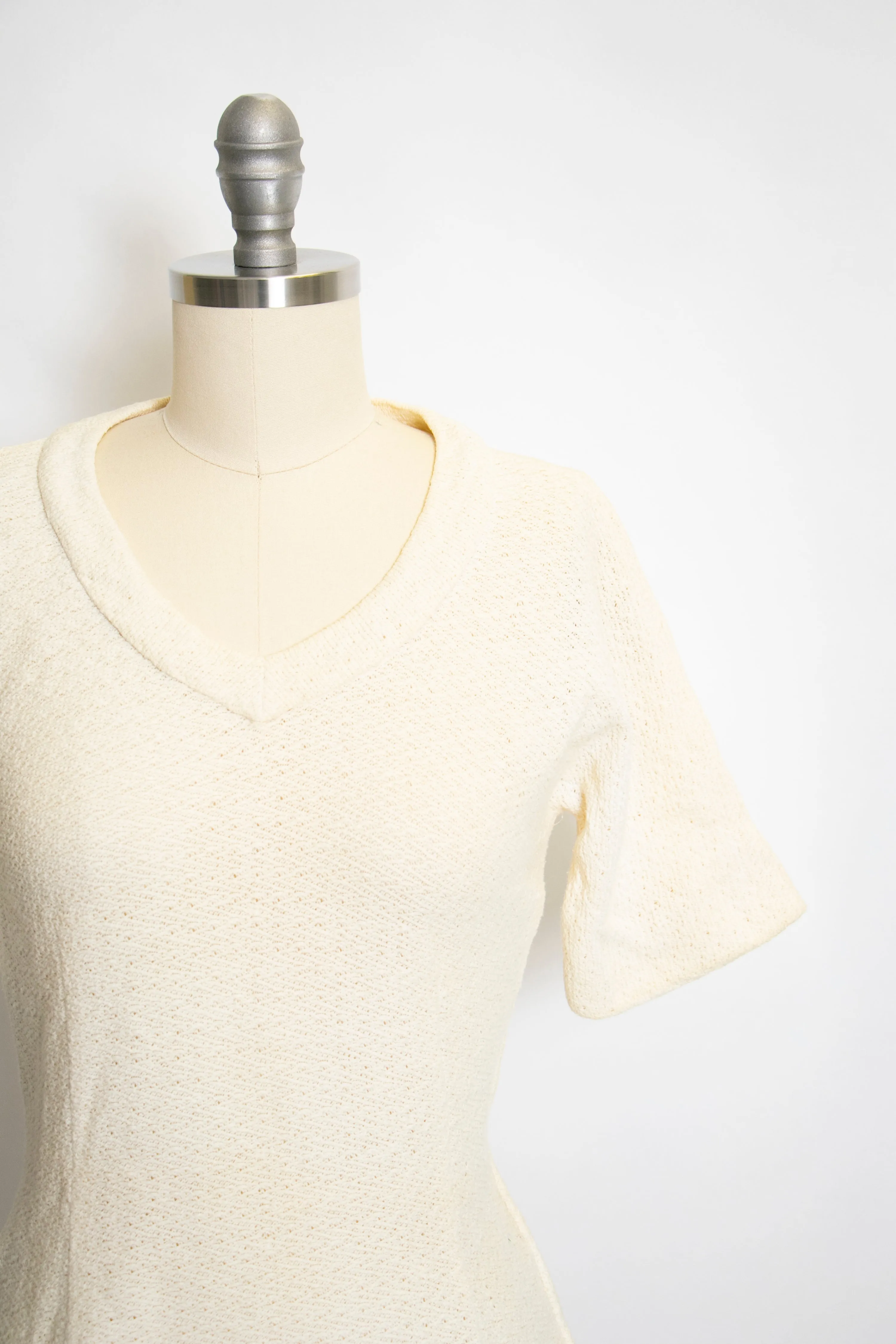 1950s Knit Top Cream Fitted Blouse Small