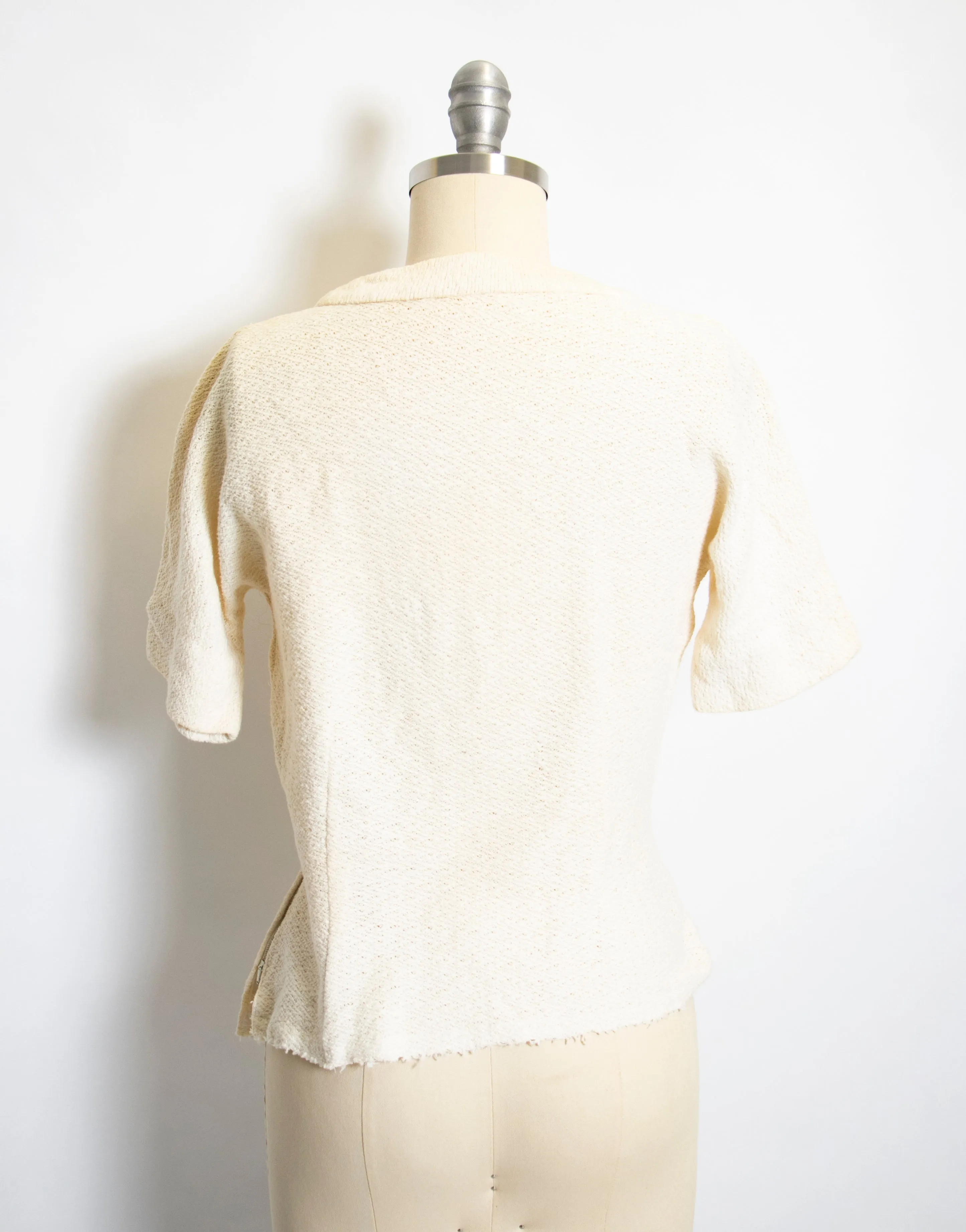 1950s Knit Top Cream Fitted Blouse Small