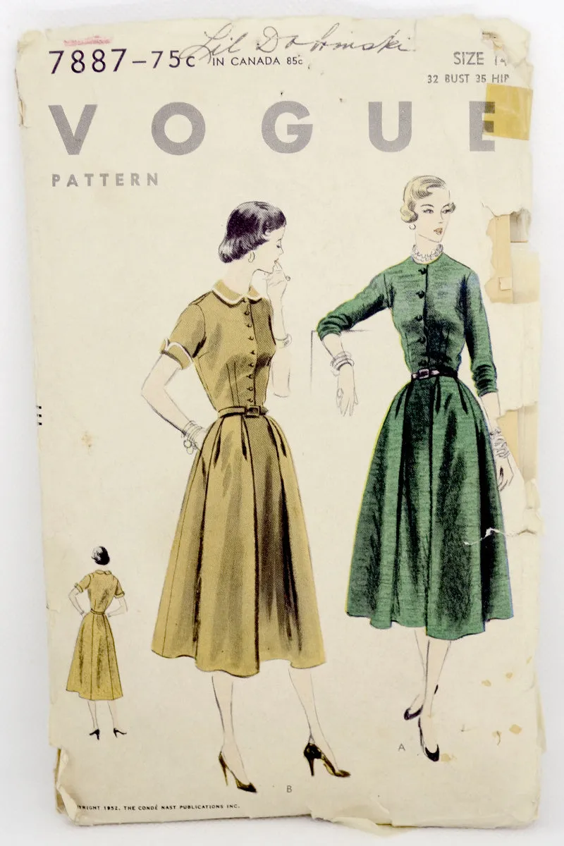 1953 Vintage Vogue 7887 Dress Sewing Pattern