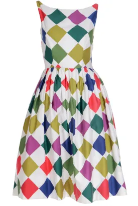 1960s Vintage Colorful Harlequin Diamond Print Summer Dress