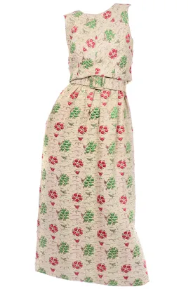 1960s Vintage Red & Green Cream Print Full Length Evening Dress