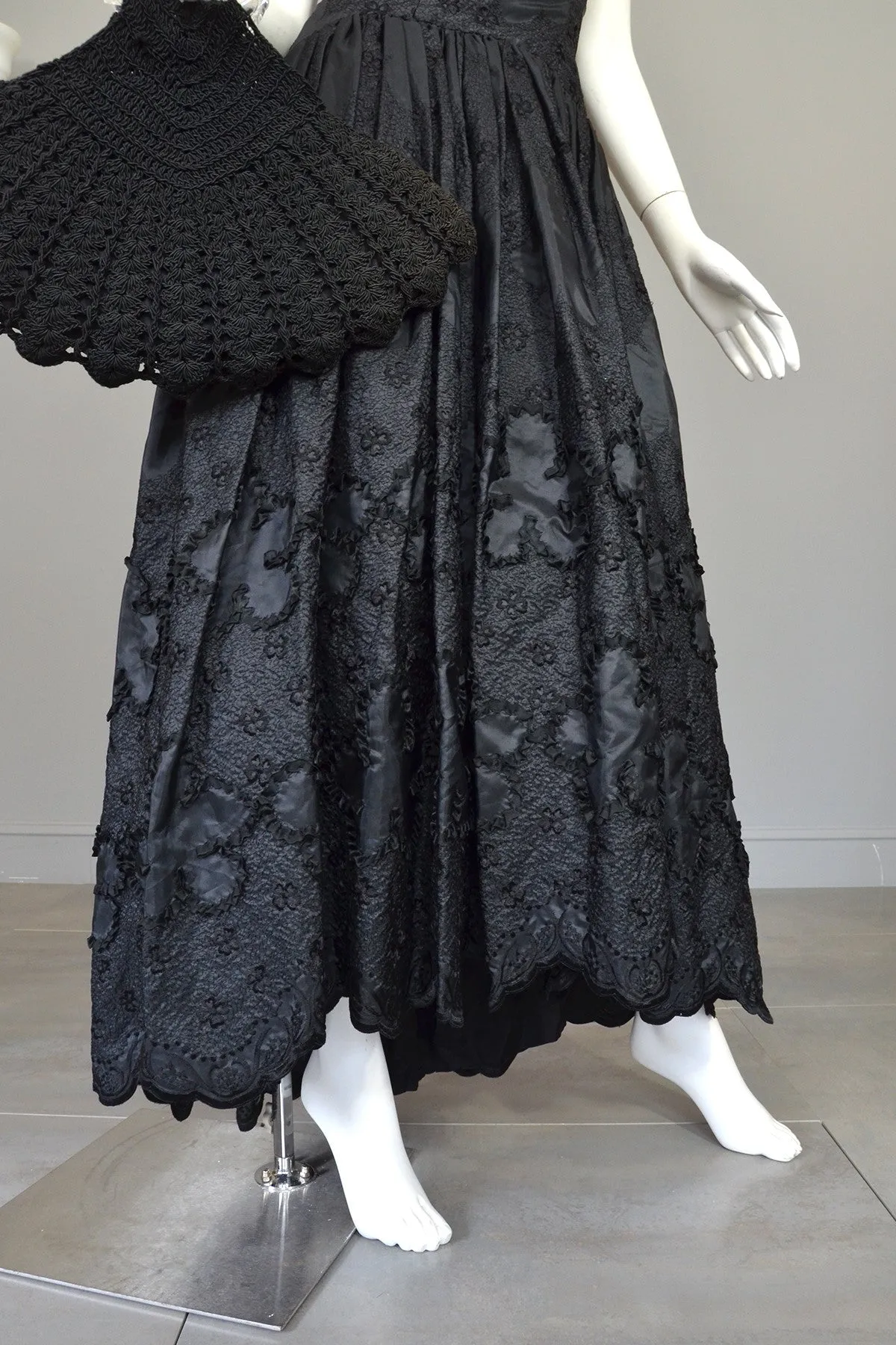 1970s 80s Black Embroidered Ruffle Neckline Evening Gown