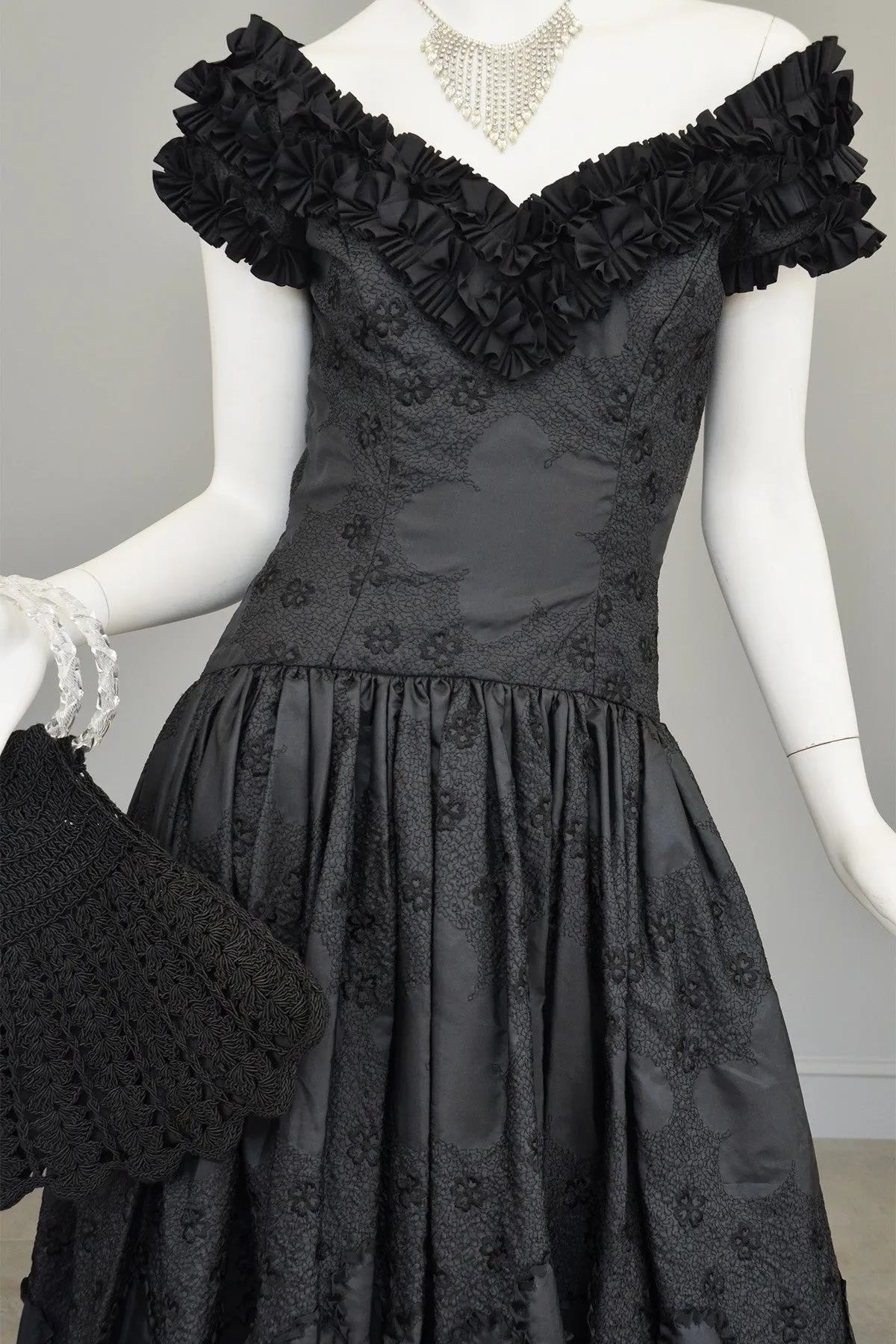 1970s 80s Black Embroidered Ruffle Neckline Evening Gown