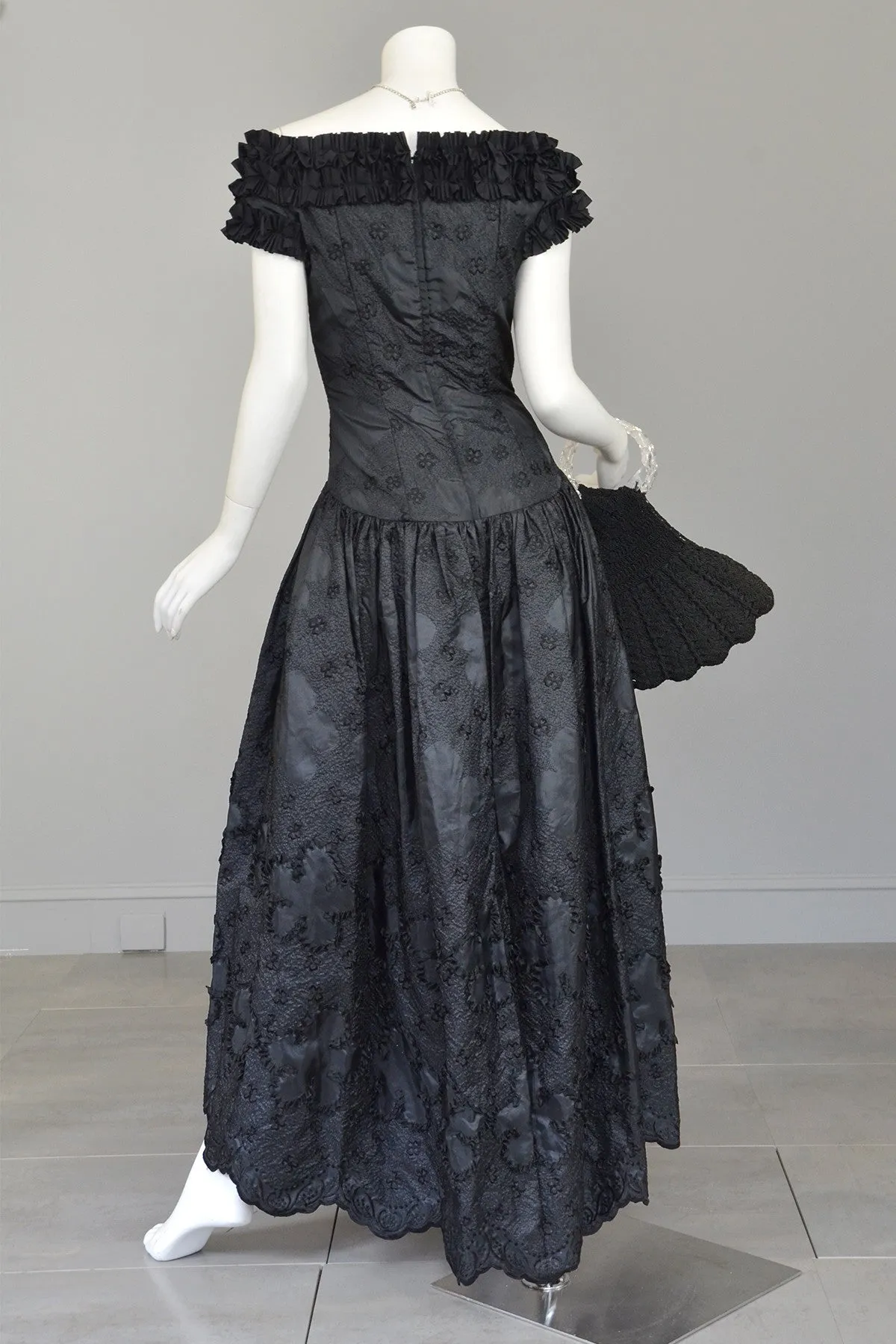 1970s 80s Black Embroidered Ruffle Neckline Evening Gown