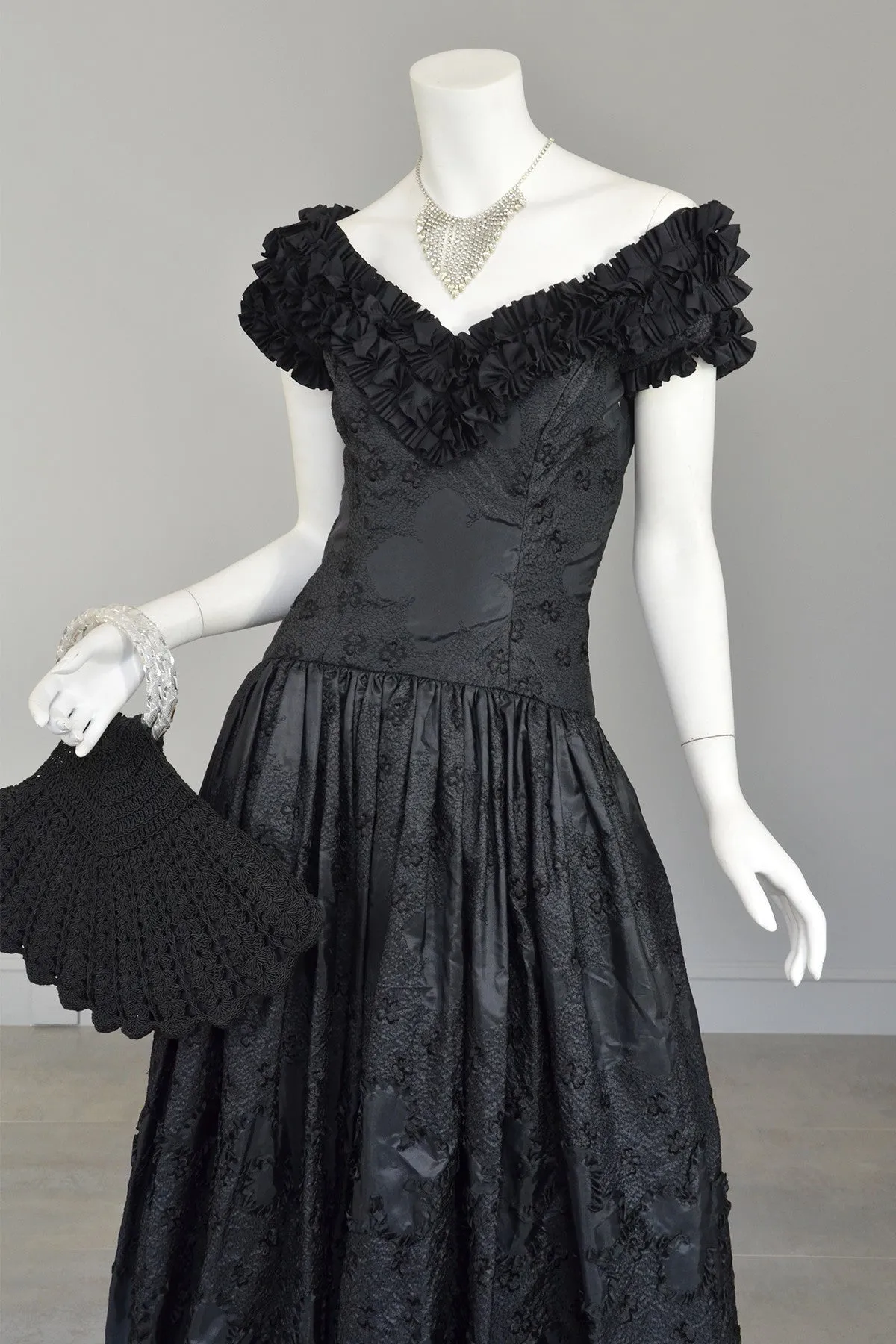 1970s 80s Black Embroidered Ruffle Neckline Evening Gown