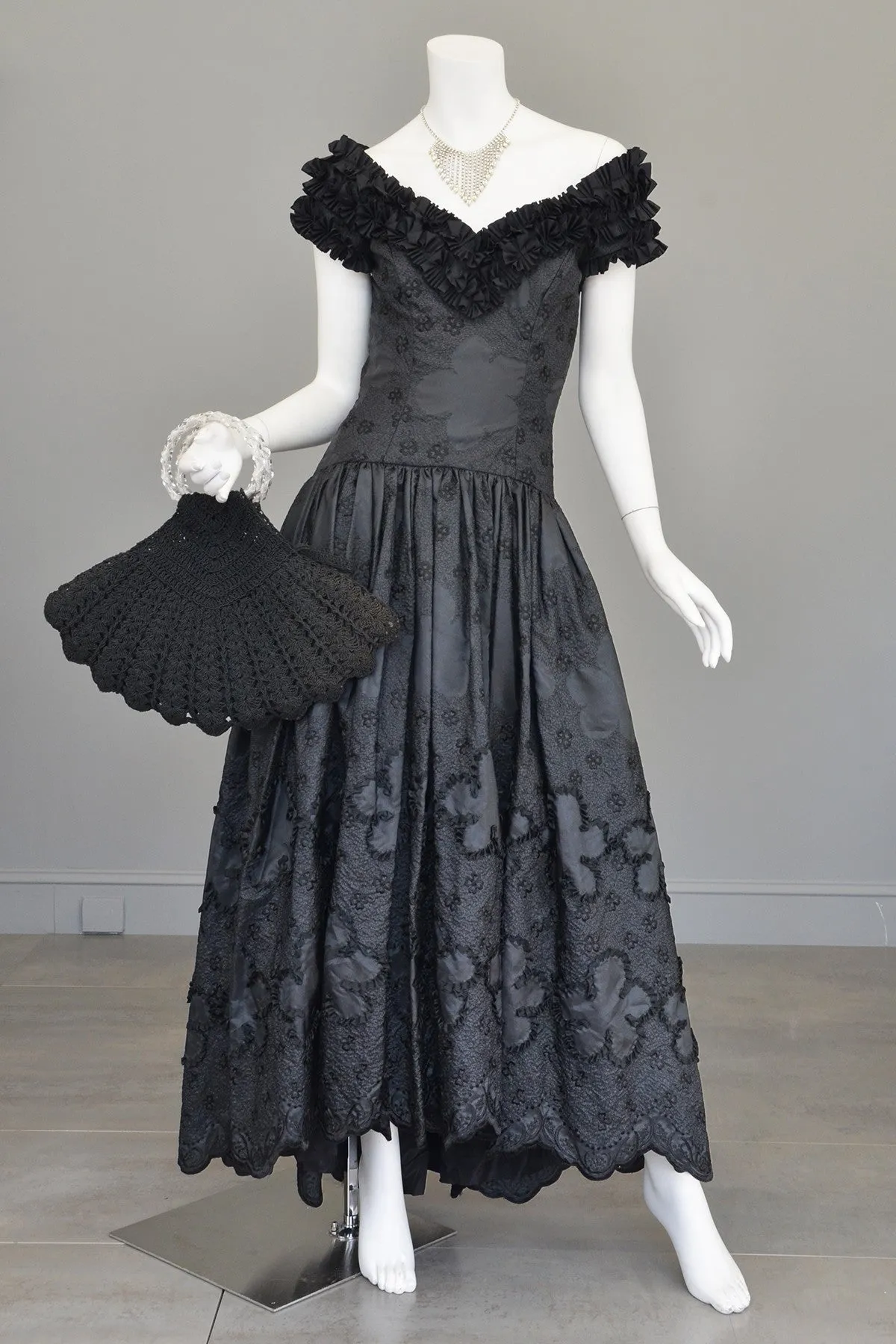 1970s 80s Black Embroidered Ruffle Neckline Evening Gown