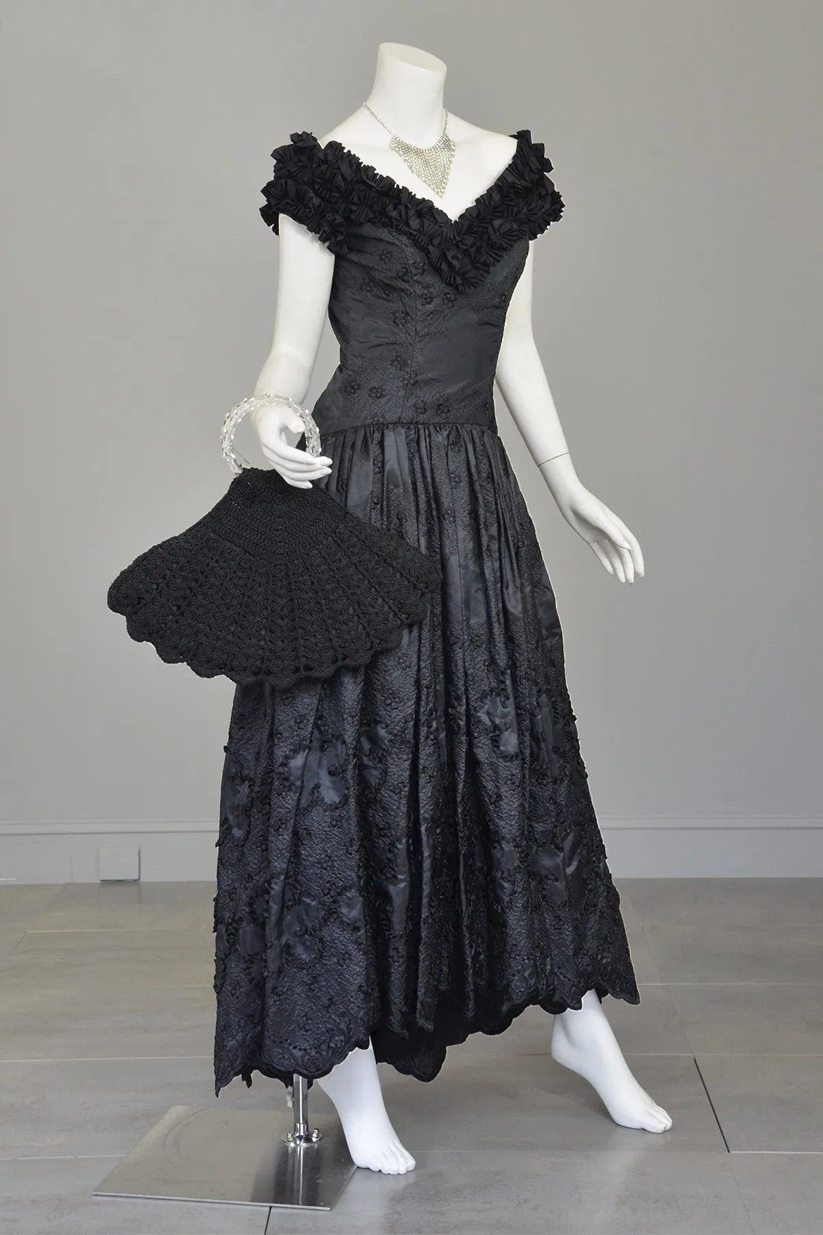 1970s 80s Black Embroidered Ruffle Neckline Evening Gown
