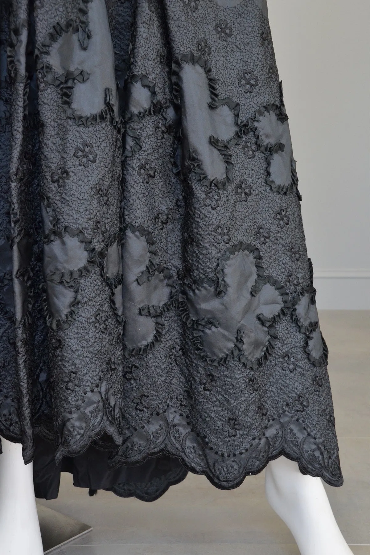 1970s 80s Black Embroidered Ruffle Neckline Evening Gown