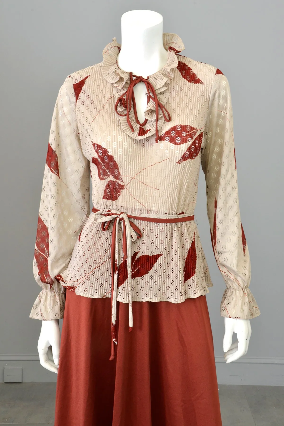 1970s Rust Leaf Print Sheer and Sexy Secretary Dress w Keyhole Bodice