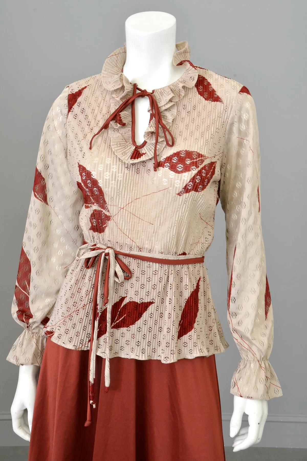 1970s Rust Leaf Print Sheer and Sexy Secretary Dress w Keyhole Bodice