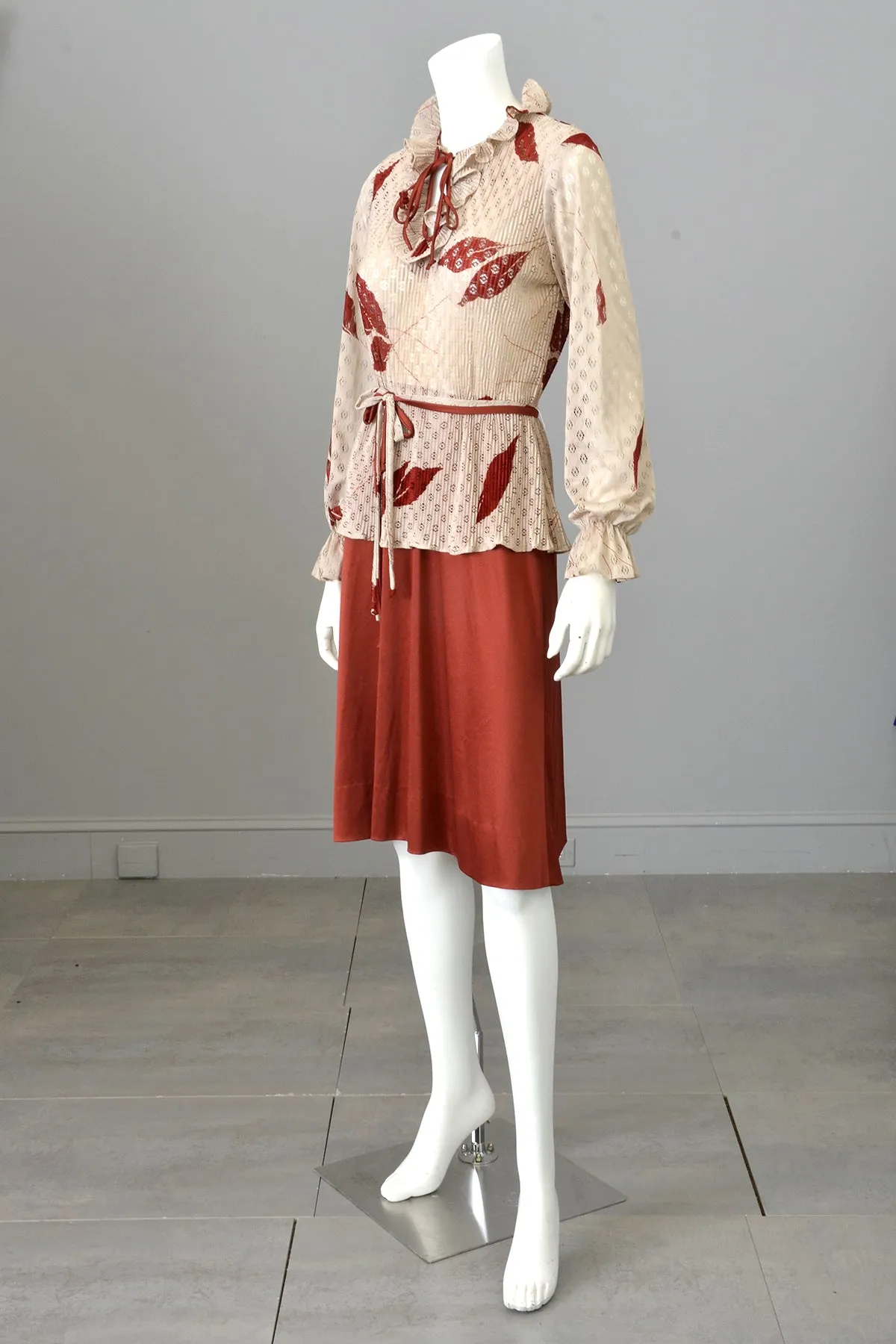 1970s Rust Leaf Print Sheer and Sexy Secretary Dress w Keyhole Bodice
