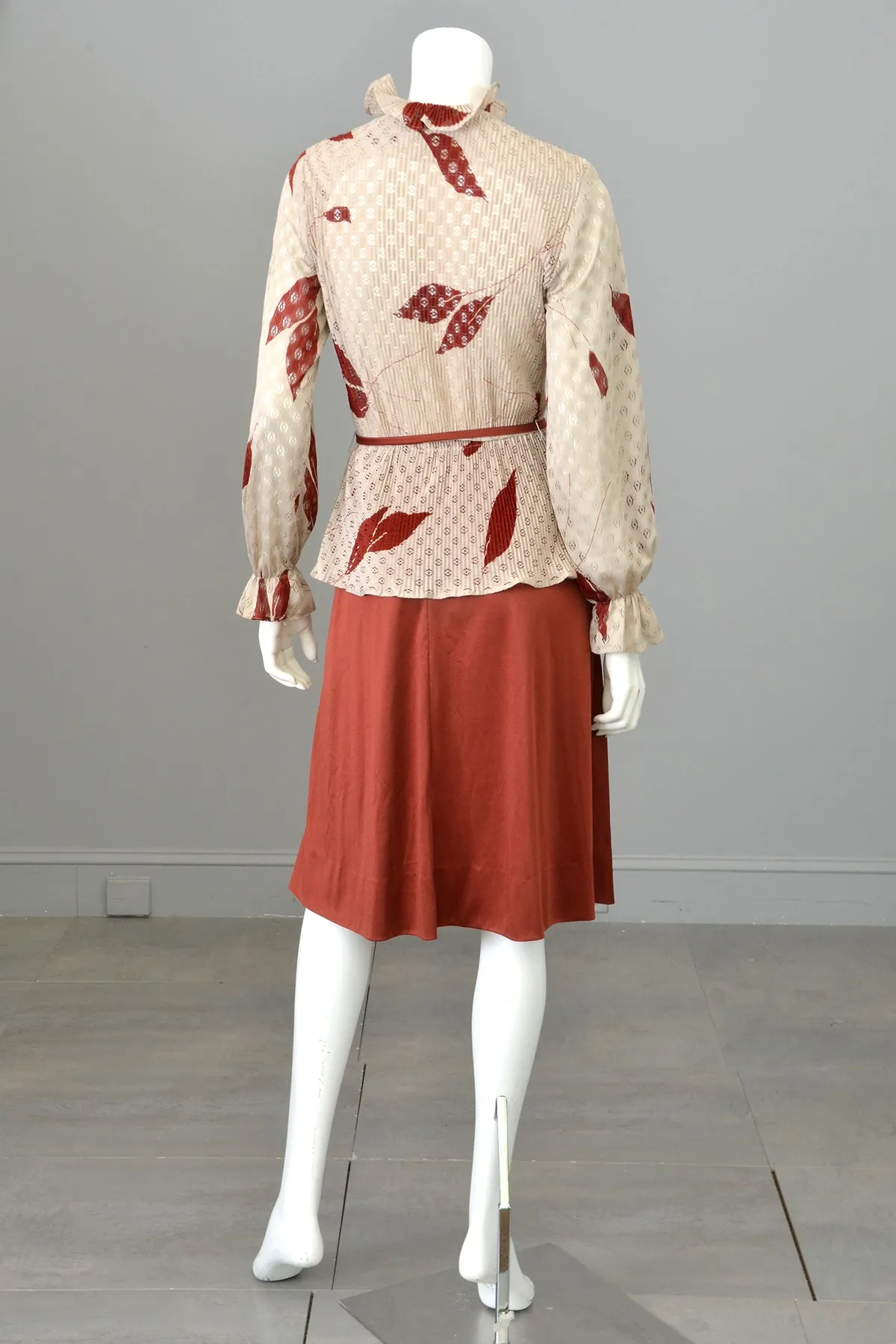 1970s Rust Leaf Print Sheer and Sexy Secretary Dress w Keyhole Bodice