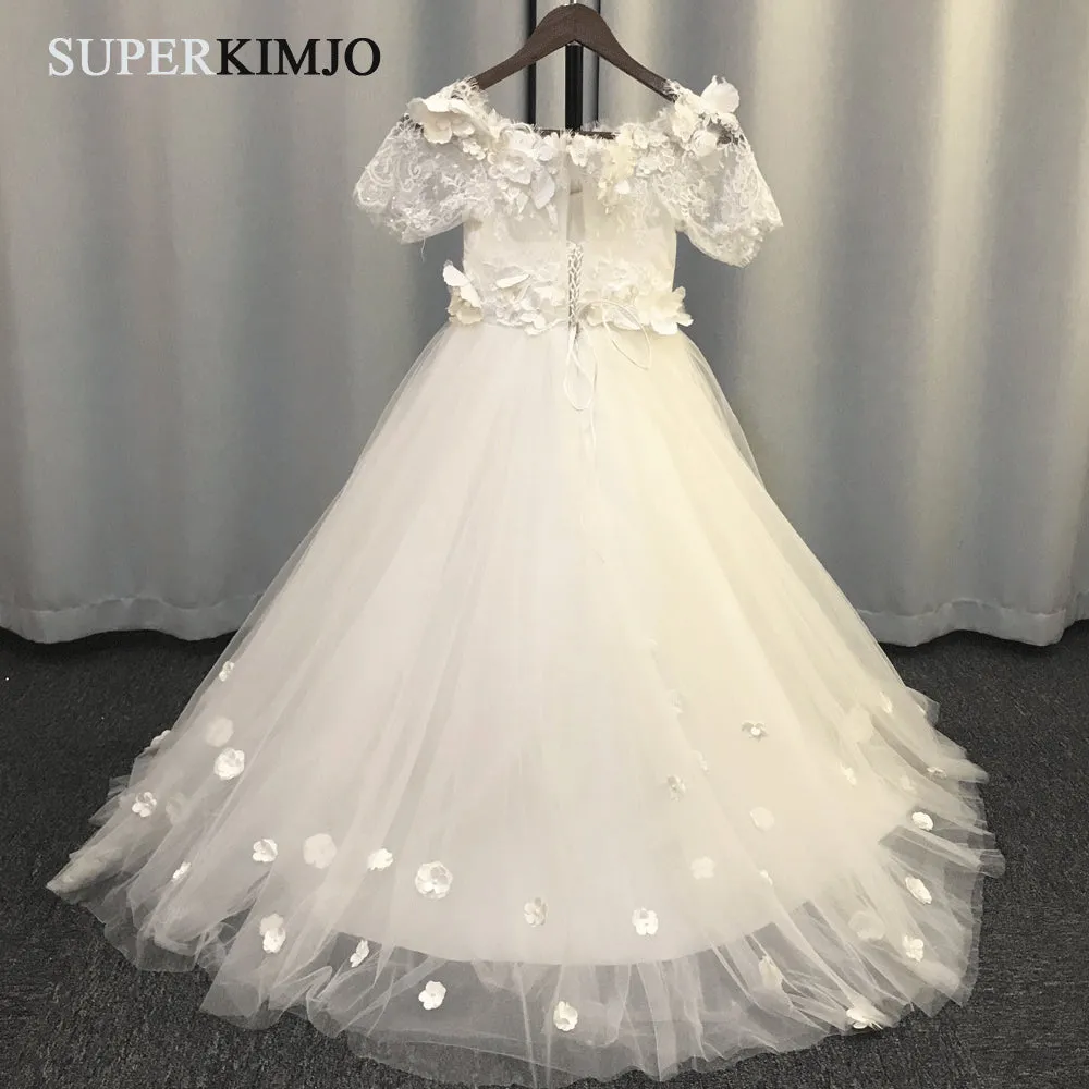 2020 Cheap Flower Girl Dresses for Weddings 3D Flowers Lace Applique Pageant Little Girl Dress