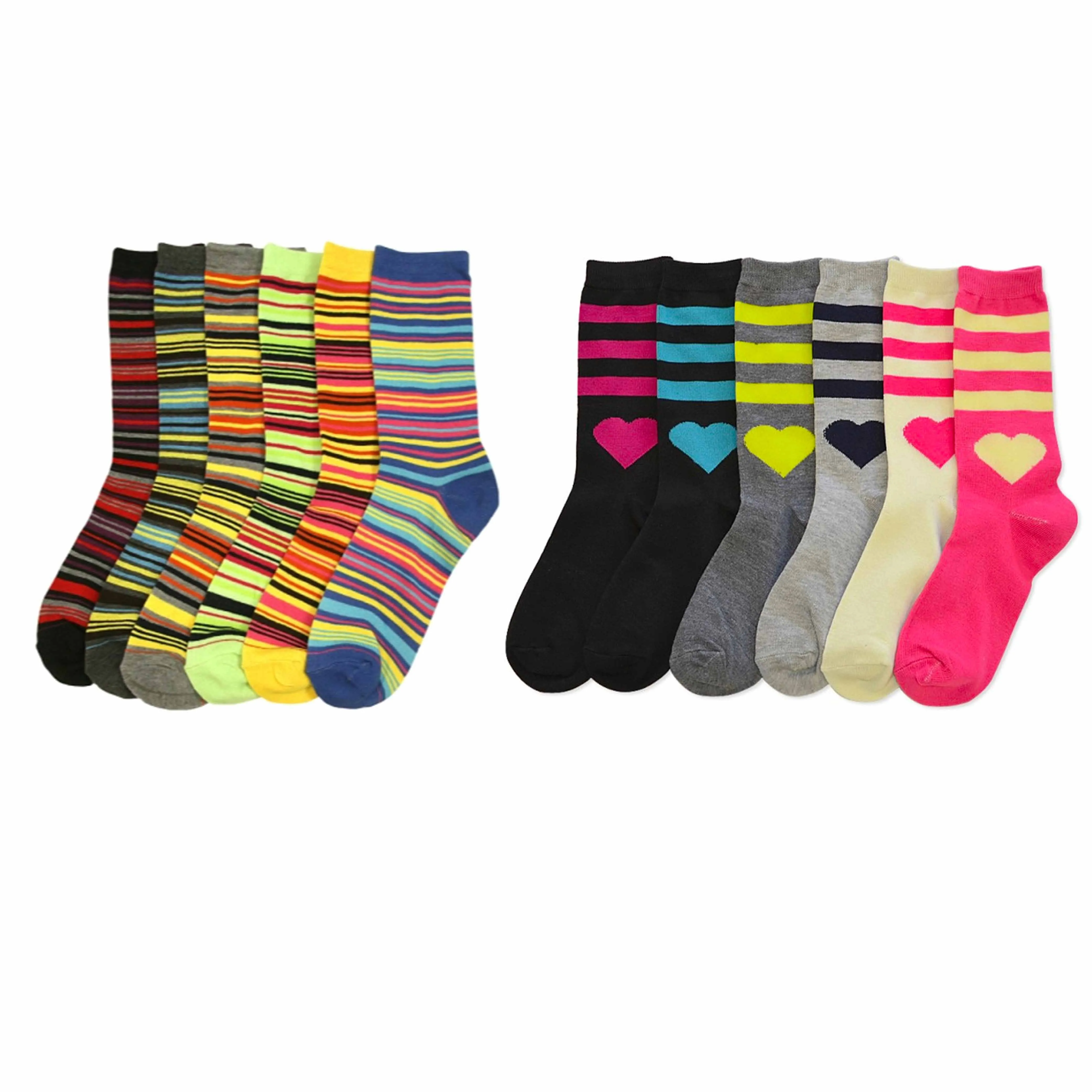6 Pairs Fashion Crew Socks Womens Pattern Stripes Hearts Casual Size 9-11 Unisex