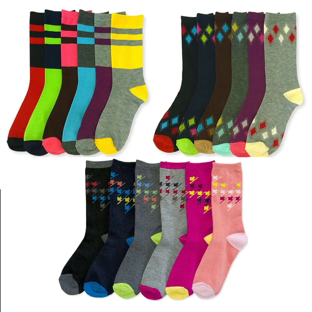 6 Pairs Fashion Crew Socks Womens Pattern Stripes Hearts Casual Size 9-11 Unisex
