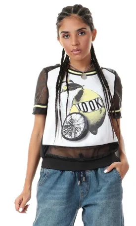 93115 Sheer Short Sleeves Lemon Black & White Top