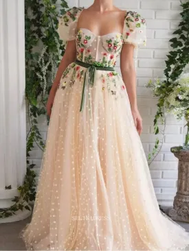 A-line Cream Colorful Floral Prom Dresses Embroidered Puff Sleeve Evening Gowns POL015