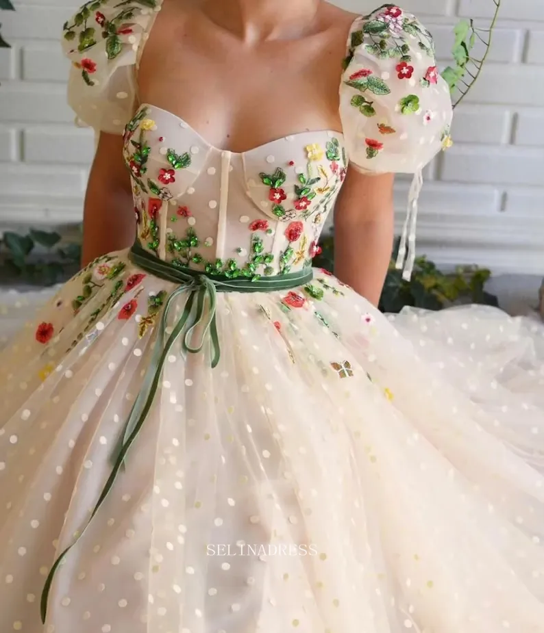 A-line Cream Colorful Floral Prom Dresses Embroidered Puff Sleeve Evening Gowns POL015