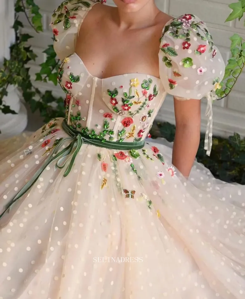 A-line Cream Colorful Floral Prom Dresses Embroidered Puff Sleeve Evening Gowns POL015