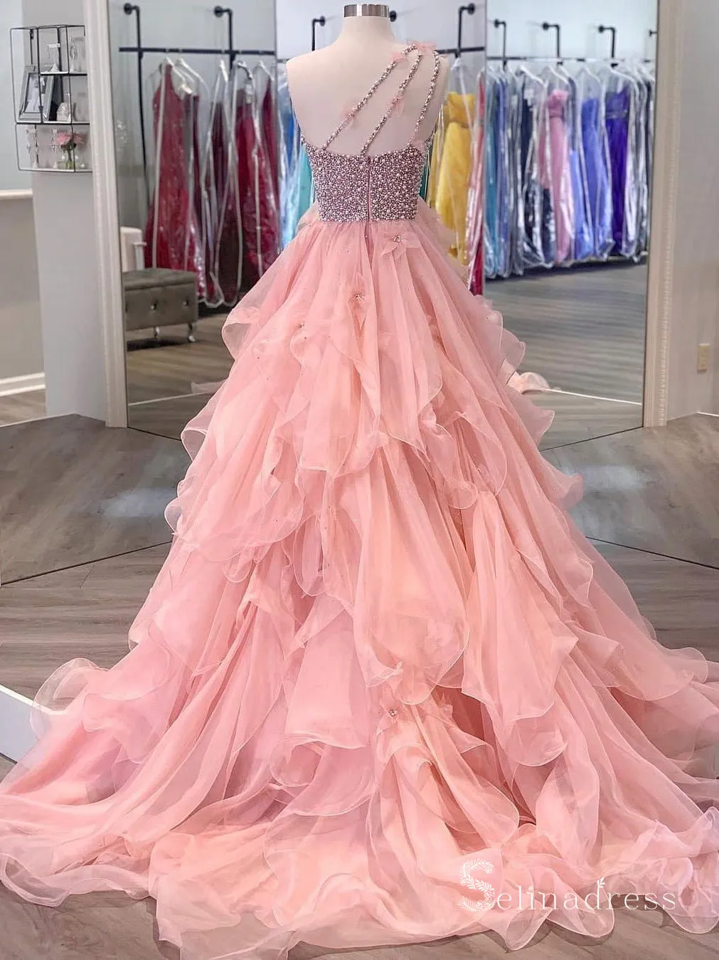 A-line One Shoulder Peach Beaded Flouncing Long Prom Dresses Formal Gowns SDL011