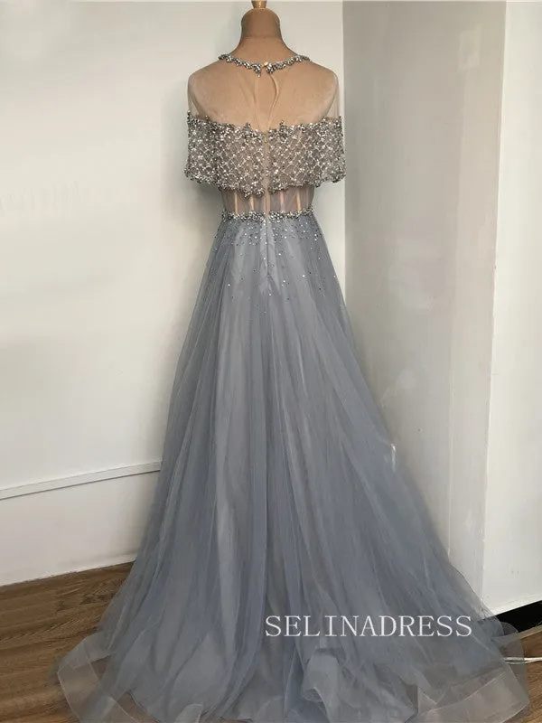 A-line Scoop Short Sleeve Blue Prom Dress Long Beaded Evening Formal Gown hlks011