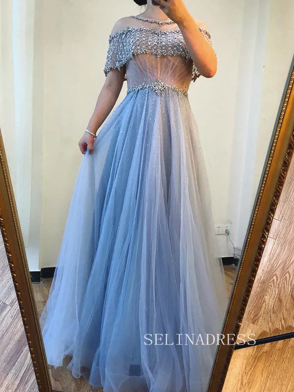 A-line Scoop Short Sleeve Blue Prom Dress Long Beaded Evening Formal Gown hlks011