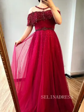 A-line Scoop Short Sleeve Blue Prom Dress Long Beaded Evening Formal Gown hlks011