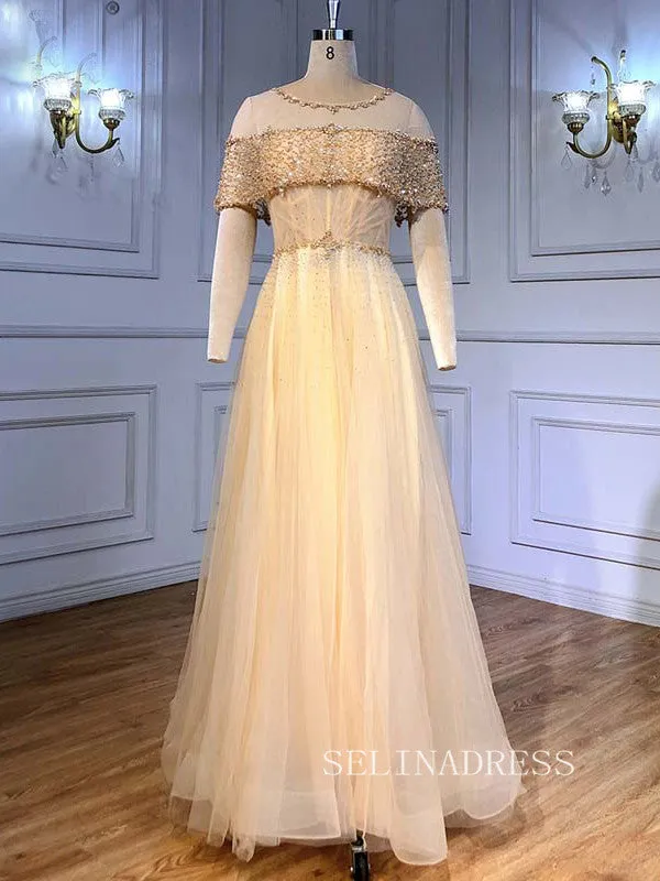 A-line Scoop Short Sleeve Blue Prom Dress Long Beaded Evening Formal Gown hlks011