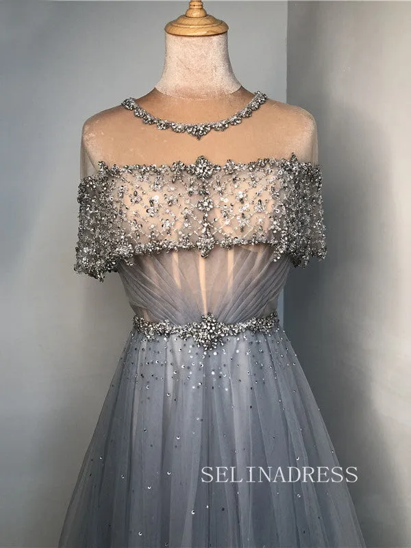 A-line Scoop Short Sleeve Blue Prom Dress Long Beaded Evening Formal Gown hlks011