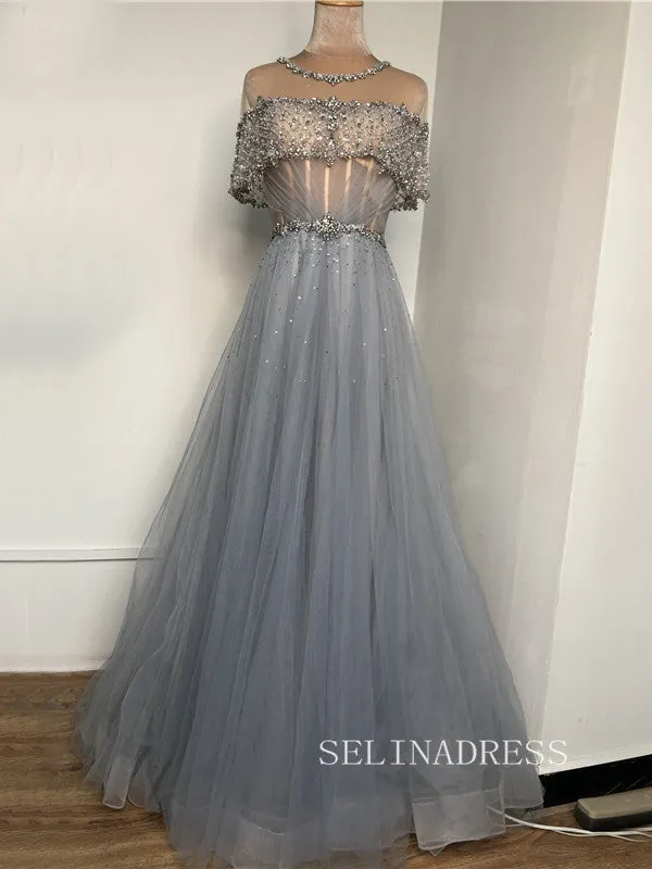 A-line Scoop Short Sleeve Blue Prom Dress Long Beaded Evening Formal Gown hlks011