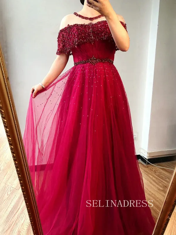 A-line Scoop Short Sleeve Blue Prom Dress Long Beaded Evening Formal Gown hlks011