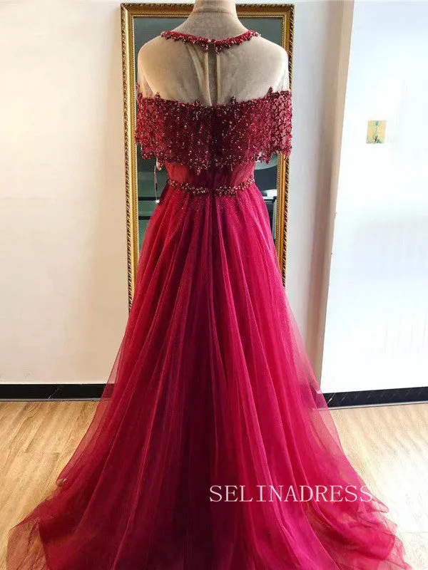A-line Scoop Short Sleeve Blue Prom Dress Long Beaded Evening Formal Gown hlks011