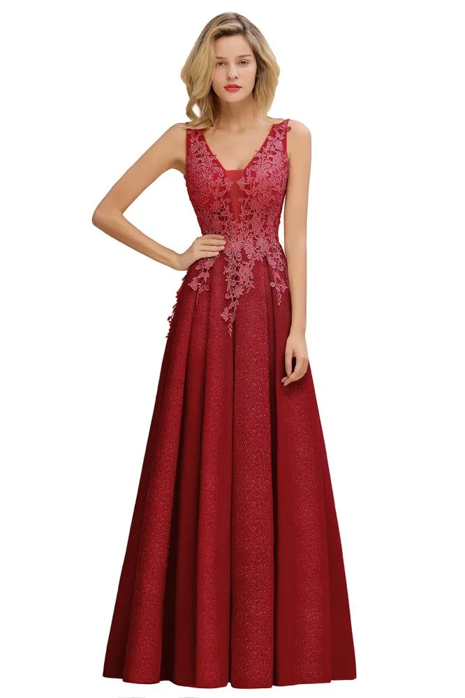 A-Line V-neck Floor-Length Tulle Sequined Formal Dress