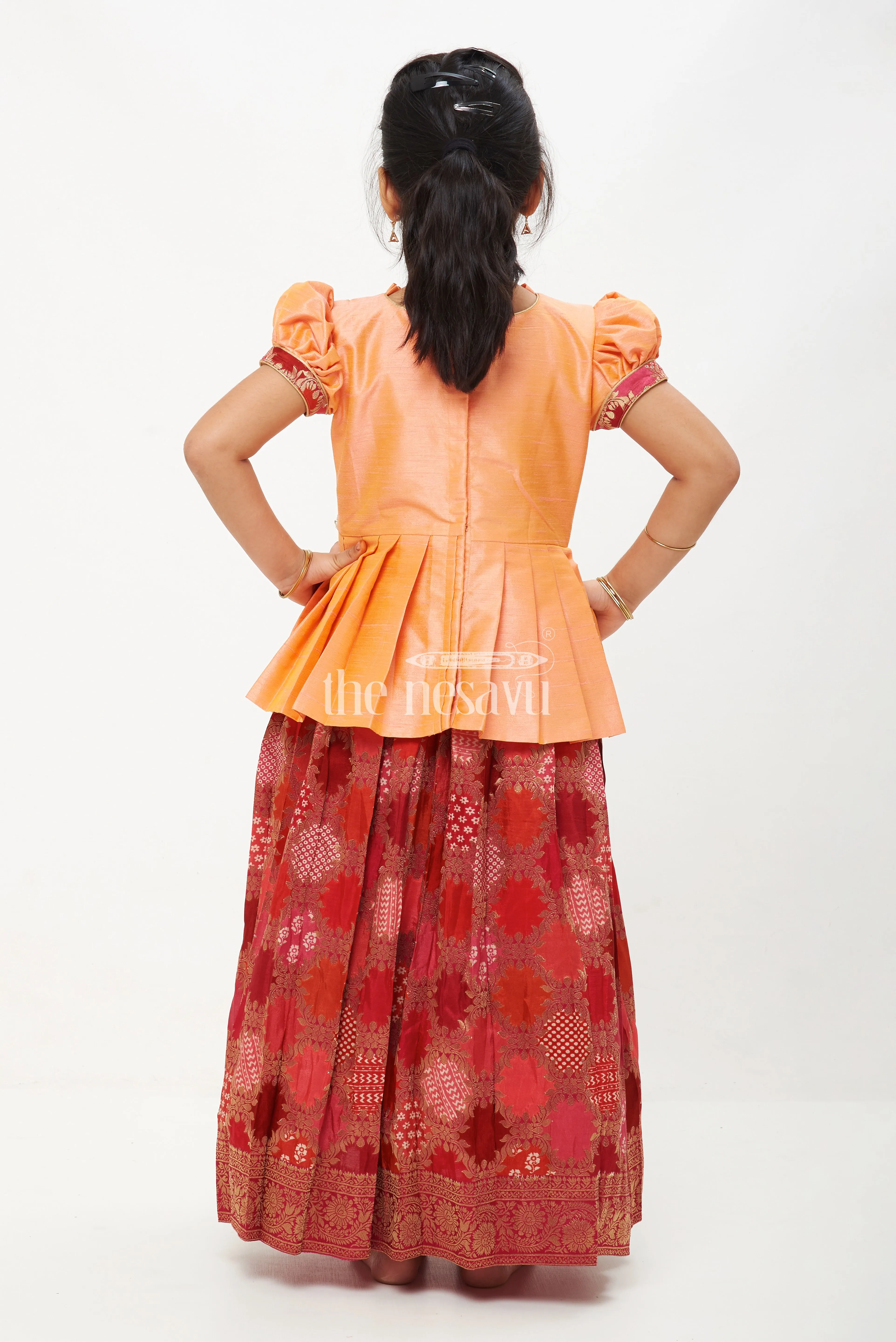 ADJ. Peach and Pink Viscose Silk Peplum Top with Placement Print Skirt for Girls