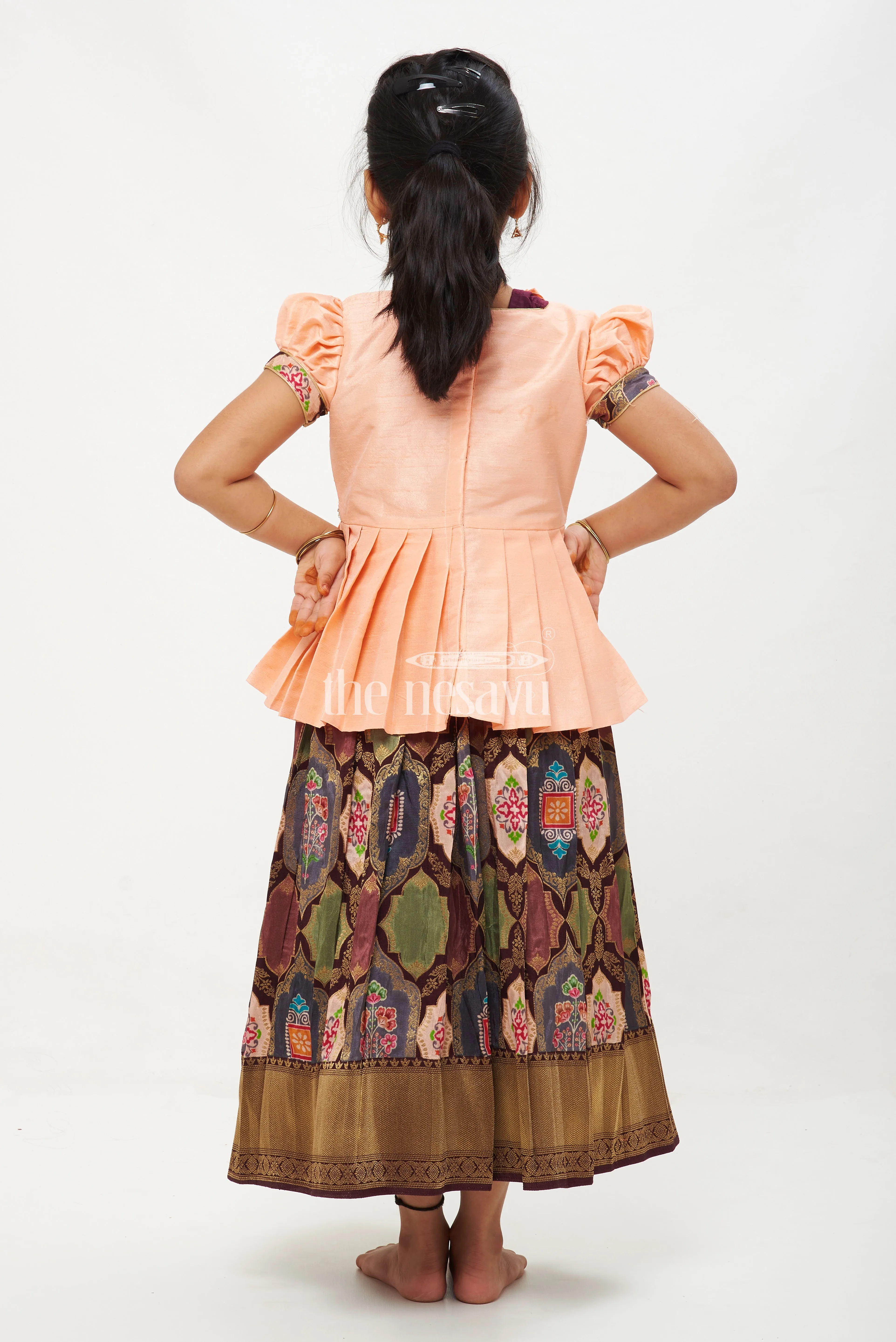 AGJ. Peach and Green Viscose Silk Peplum Top with Placement Print Skirt for Girls