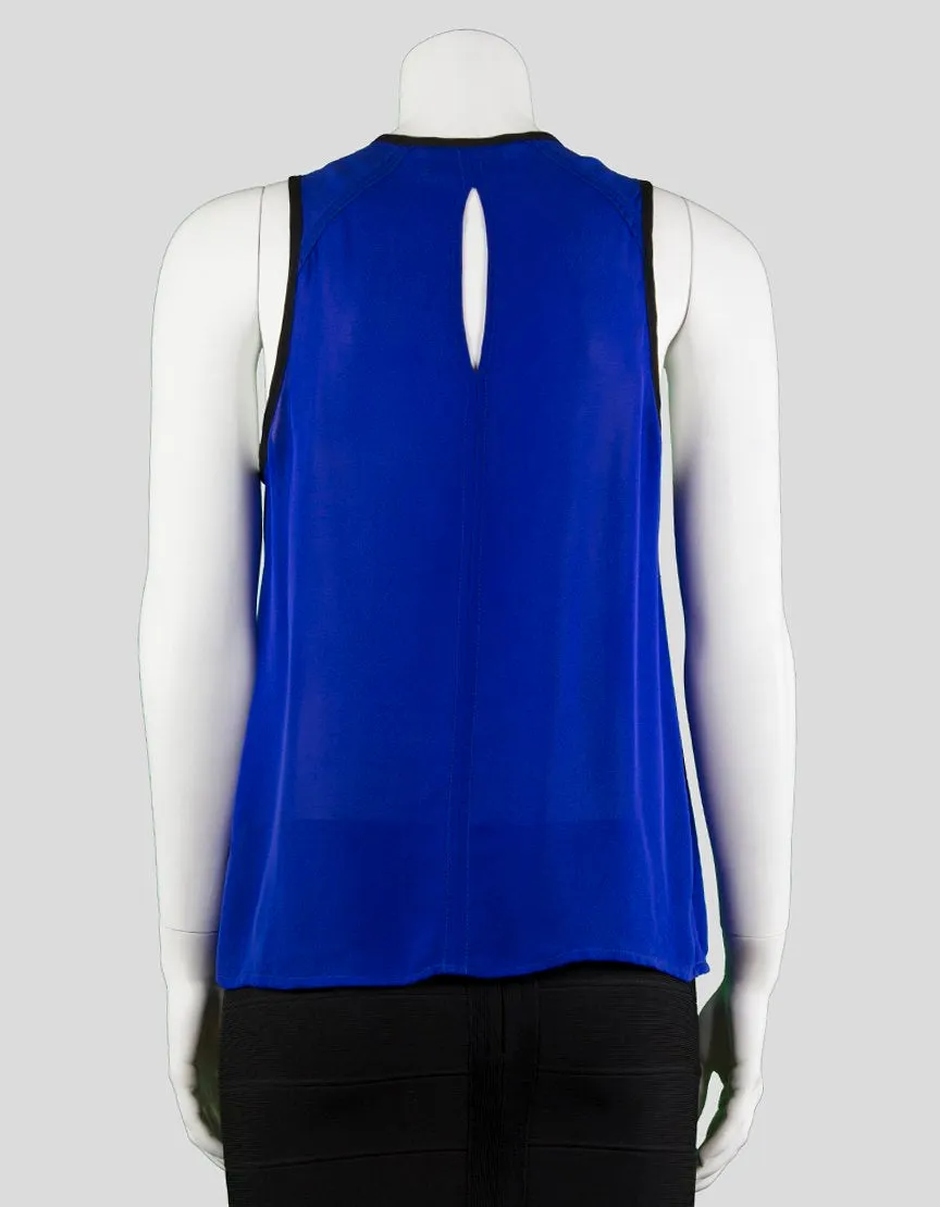 A.L.C. Blue Sleeveless A Line Blouse With Black Trim And Peep Hole At Collar And On Back And Slit At Front Waist Size Small