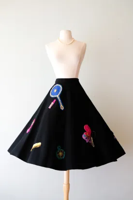 Vintage 1950s Novelty Print Maquillage Felt Appliqué Skirt by Margie Webb, Size XS