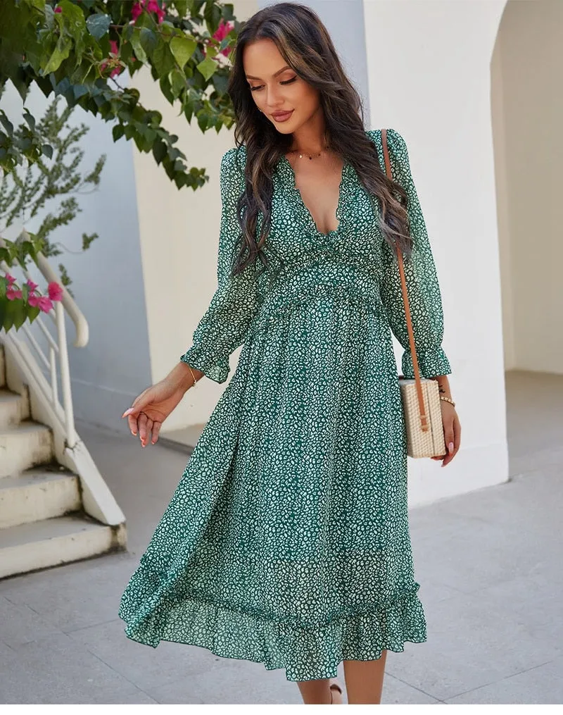 Amy Fashion - Butterfly Sleeve High Waist Casual Print Dresses
