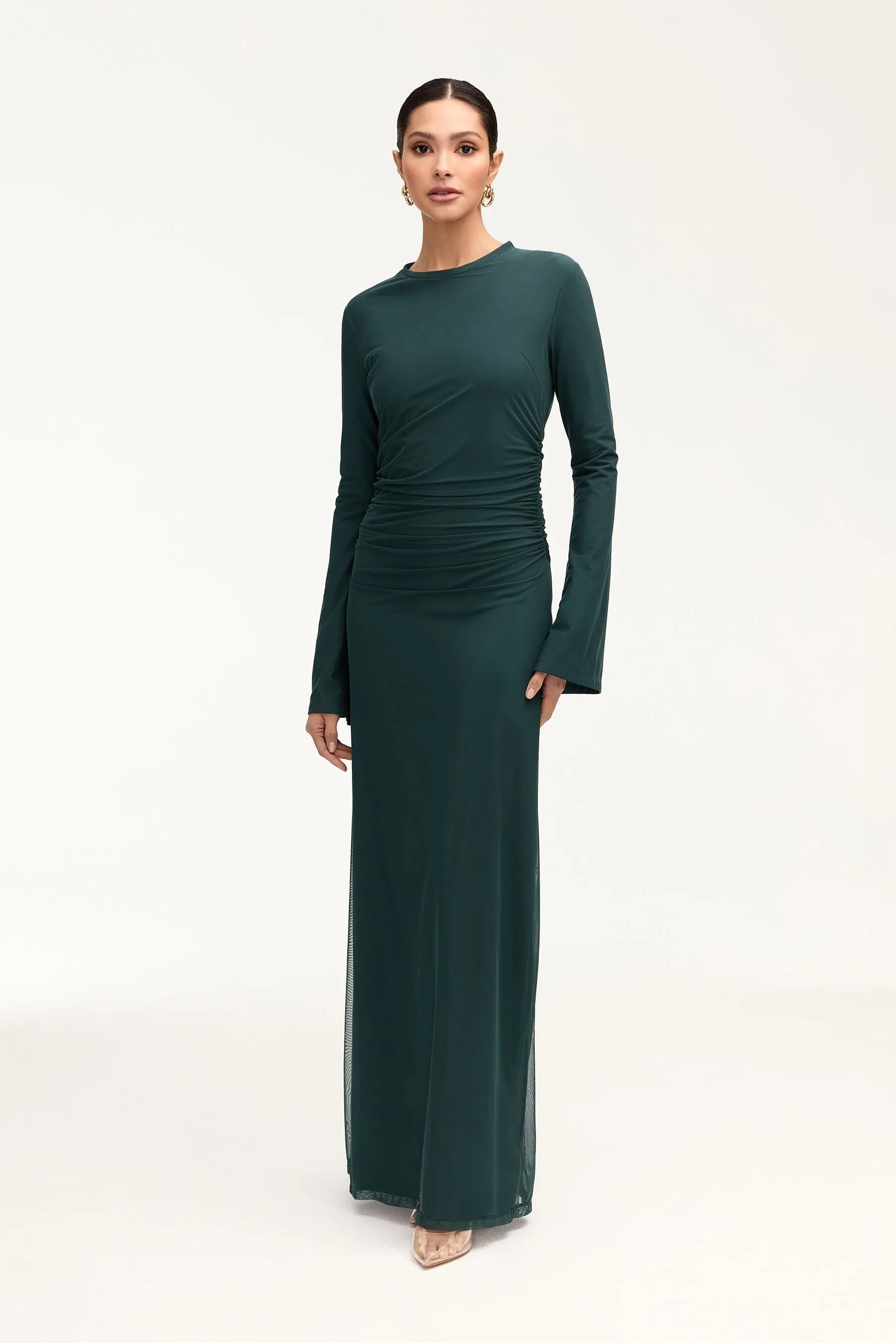 Arianna Rouched Mesh Maxi Dress - Enchanted Forest