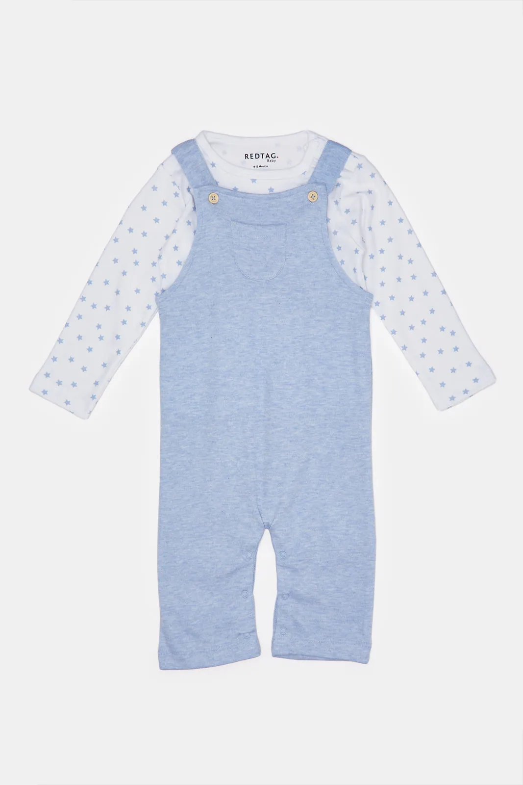 Baby Blue And White Printed Dungaree Set (2 Piece)