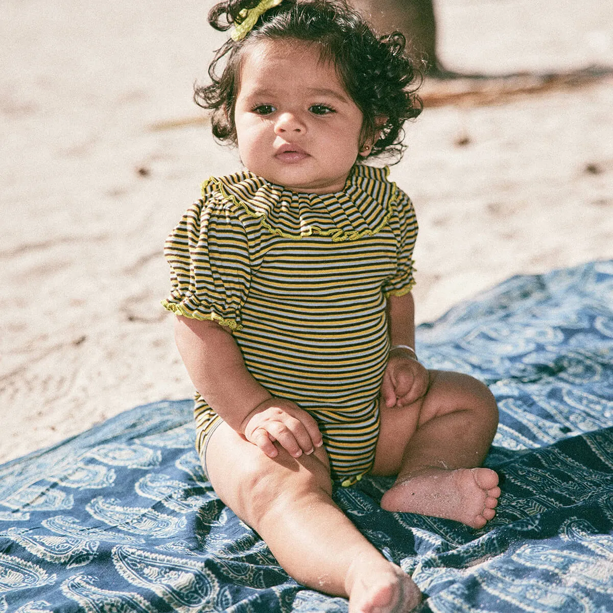Balloon Sleeve Paloma Onesie in Bark Stripe by Misha & Puff