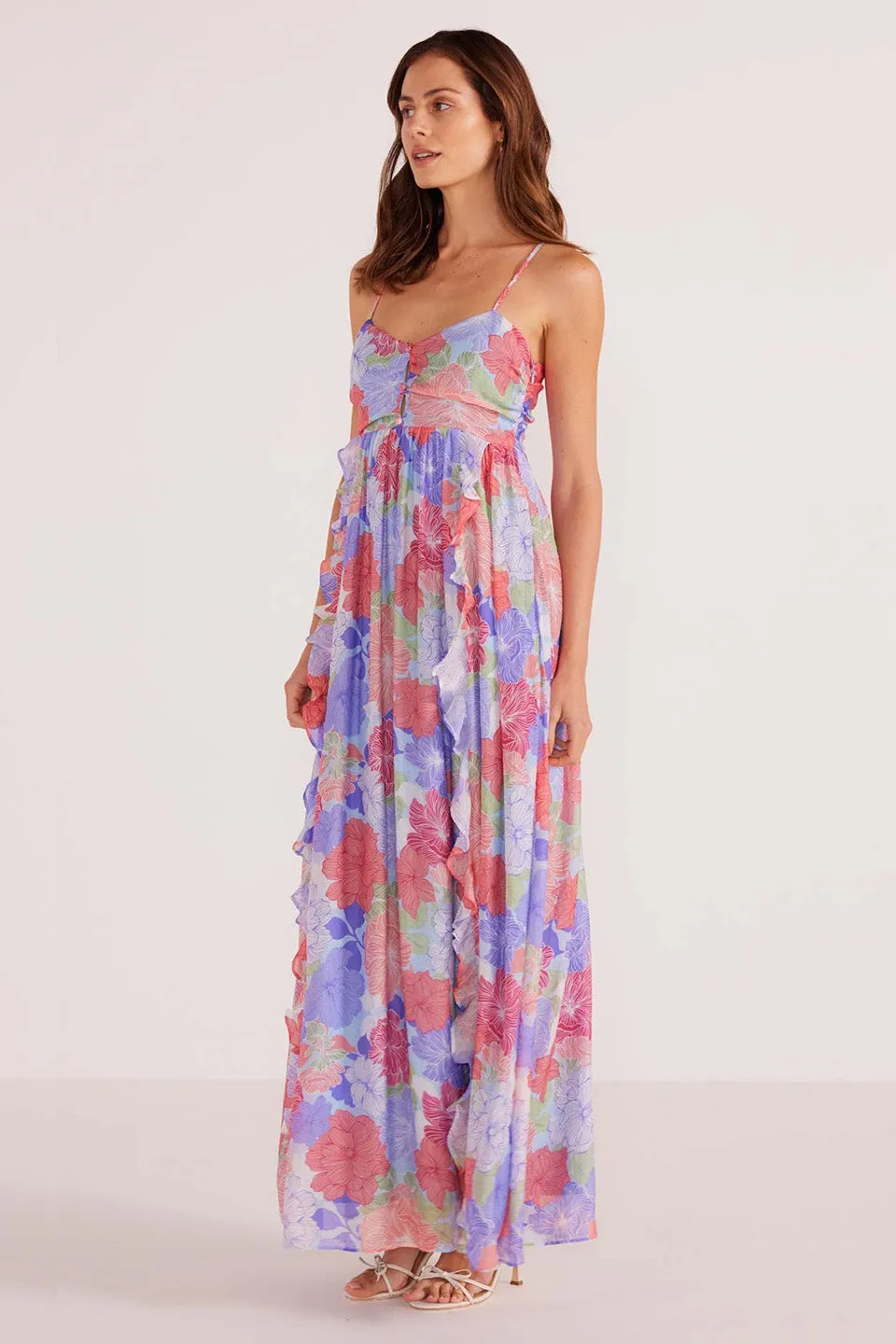 Belle Blue Spring Blooms Ruffle Maxi Dress