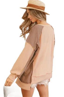 BiBi Half Button Exposed Seam Contrast Waffle Top