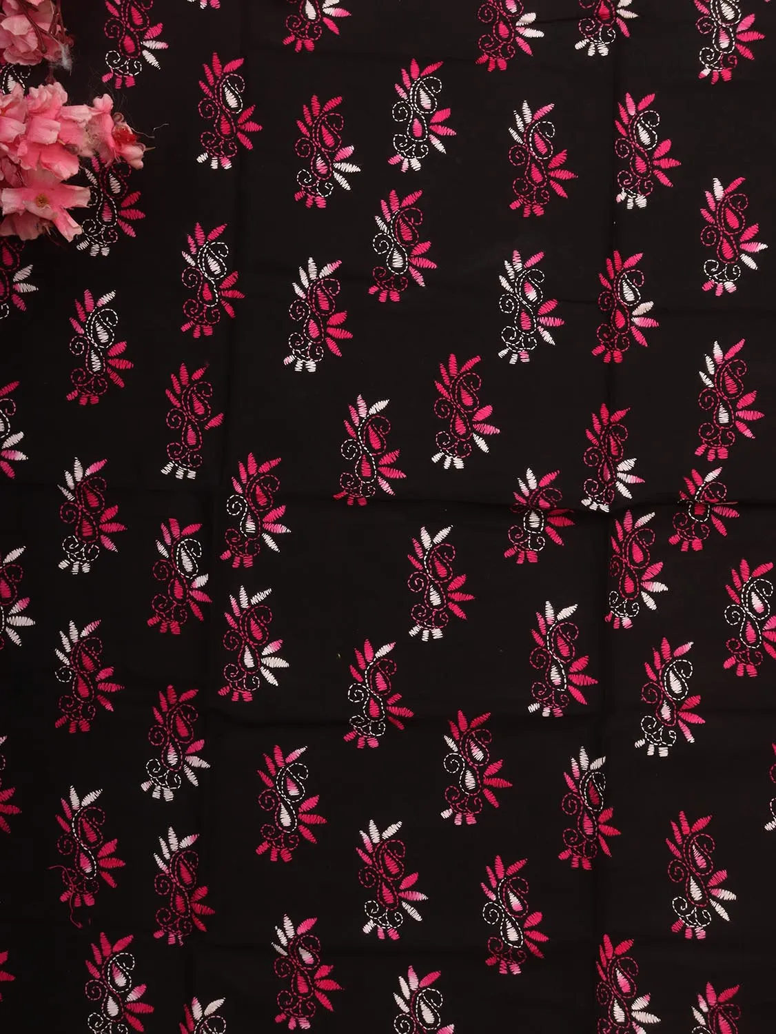Black Embroidered Kantha Cotton Blouse Piece Fabric ( 1 Mtr )