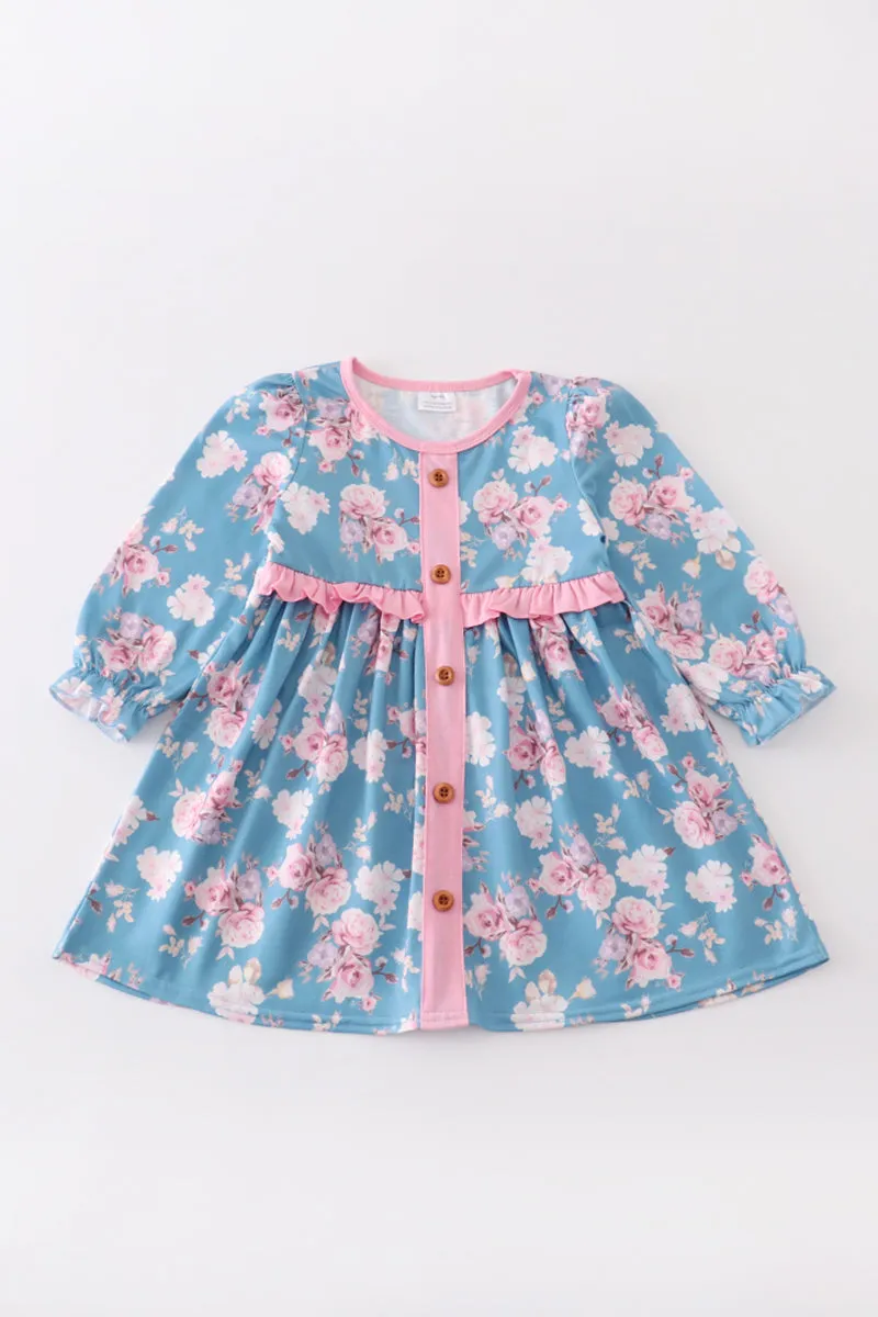 Blue floral print girl dress